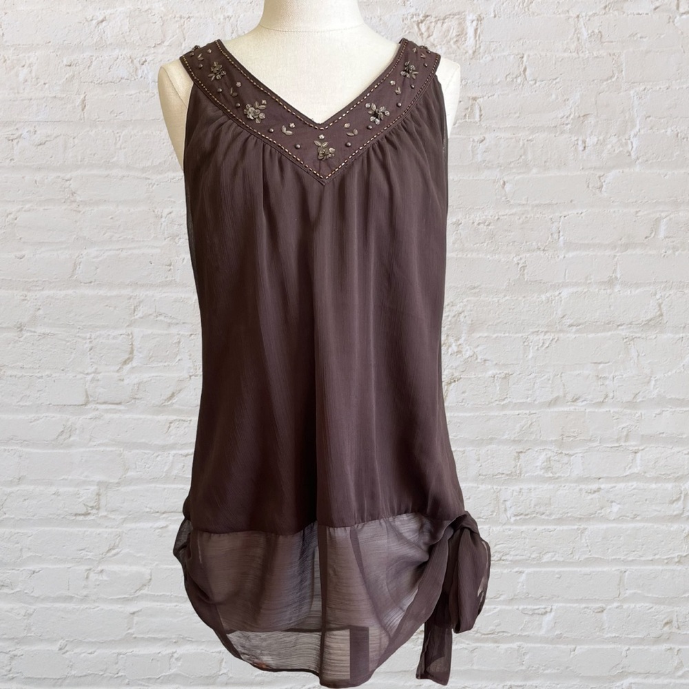 Brown beaded v-neck blouse with ruching and tie detail from Seven7